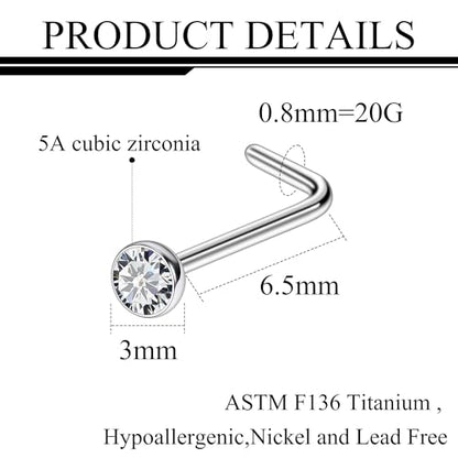 ASTM F136 Titanium Nose Rings 18G 20G 22G Jeweled Clear Cubic Zirconia Nose Studs Ring Screw L-Shaped Bone Hypoallergenic Body Piercing Jewelry for Women 1.5mm 2mm 2.5mm 3mm 10PCS - style: L-Shaped:20G(0.8mm)-3mm CZ