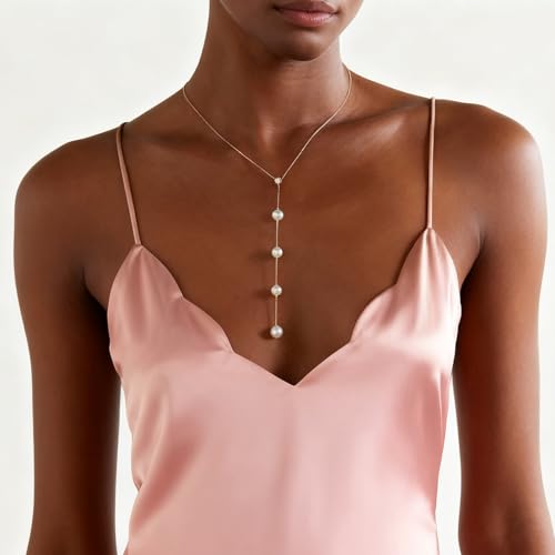 Gold Pearl Choker Necklace for Women, Simple Y Lariat Necklace Non Tarnish Pearl Drop Chain Wedding Jewelry for Bridal