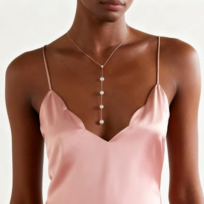 Gold Pearl Choker Necklace for Women, Simple Y Lariat Necklace Non Tarnish Pearl Drop Chain Wedding Jewelry for Bridal
