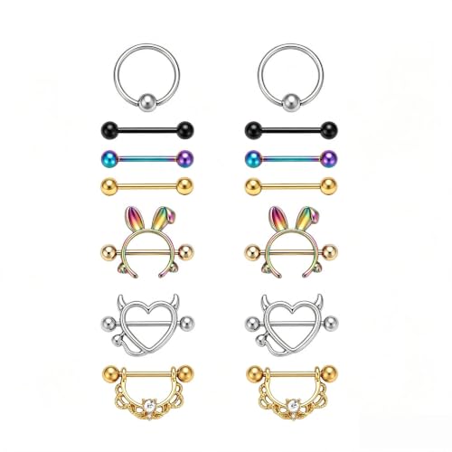 G&O JFU 7 Pairs Nipple Piercing Jewelry 14G Stainless Steel Tongue Rings Nipple Barbells Bunny Nipple Rings for Women Men
