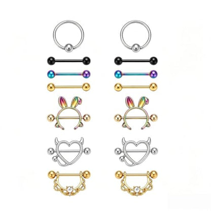 G&O JFU 7 Pairs Nipple Piercing Jewelry 14G Stainless Steel Tongue Rings Nipple Barbells Bunny Nipple Rings for Women Men