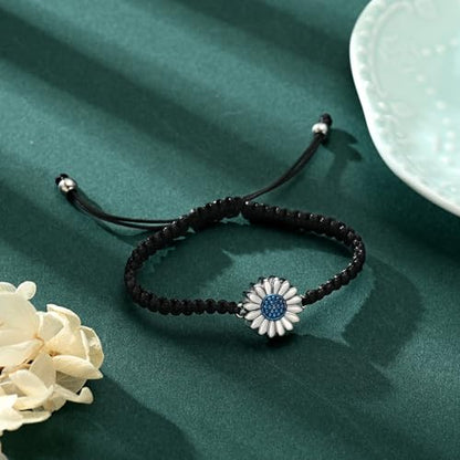 Sunflower Cremation Urn Bracelet for Adjustable Boho Daisy Handmade Cremation Jewelry Braided Rope Bracelets for Women Jewelry Gift With Funnel Kit & Bag - color: Silver+Blue