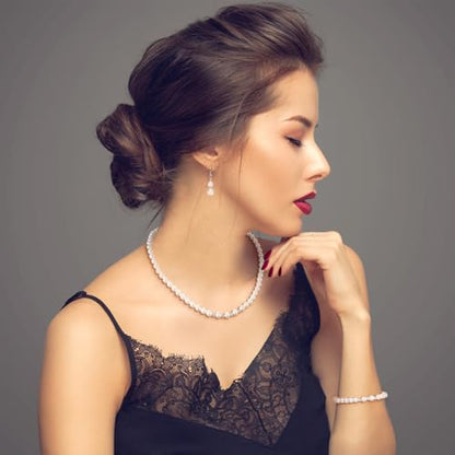 Glenmal Pearl Rhinestone Jewelry Set for Women Pearl Necklace Bracelet Earrings for Wedding Halloween Bridal Shower Tea Party - style: Novel Style