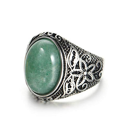 Retro Unisex Stainless Steel Oval Gemstone Hollow Flower Carved Signet Ring - color: Silver-Turquoise