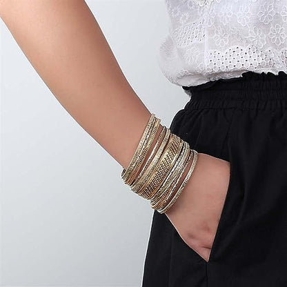 NOVSKI New Genuine Real Leather Wrap Bracelets Multi Strand Cord Metallic Chain Layered Wide Cuff Bracelet Gift Jewelry (Color : Dark Grey)