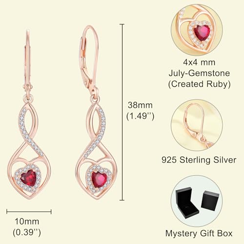 Infinity Heart Rose Gold Jewelry Set for Women 925 Sterling Silver Ruby Necklace and Earrings Set July Birthstone Jewelry Gifts