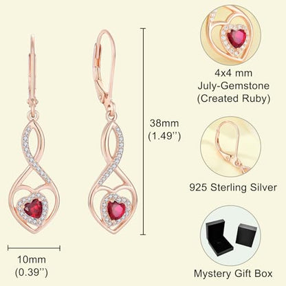 Infinity Heart Rose Gold Jewelry Set for Women 925 Sterling Silver Ruby Necklace and Earrings Set July Birthstone Jewelry Gifts