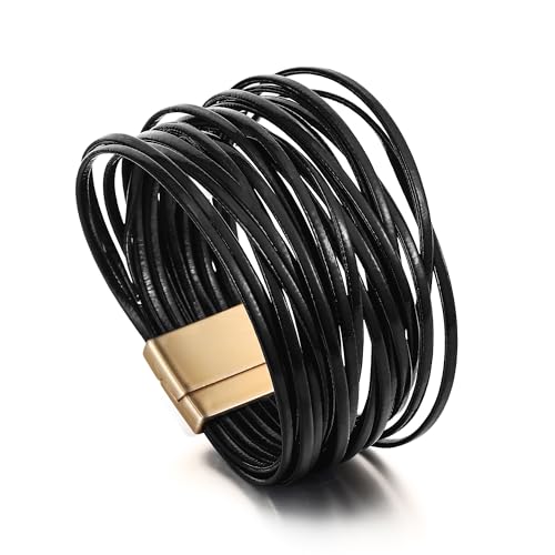 Edoneery Leather Wrap Bracelets for Women, Boho Layered Cuff Bangle | Multi-layer Leather Cuff, Daily wear, Stackable Bangle, Easy on-off, Western Jewelry Gifts for Women - color: Black-3