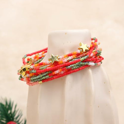 Gold Seed Beaded Bracelets Set for Women, Boho Handmade Friendship Stretch Summer Beach Jewelry Gift. - color: Fall Orange Red Green
