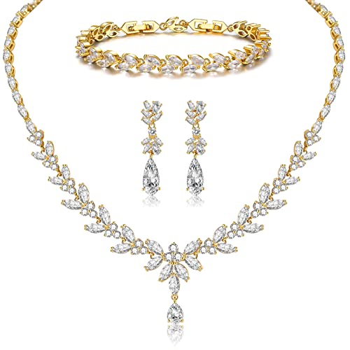 Jewelry Set for Women, Cubic Zirconia Necklace Dangle Earrings & Bracelet Jewelry Set for Bride Bridesmaid Wedding Engagement Prom Party - style: Gold-Necklace+Bracelet+Earrings