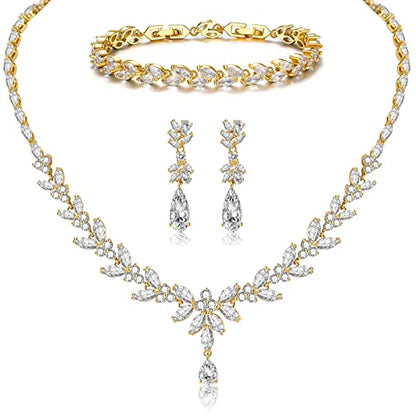 Jewelry Set for Women, Cubic Zirconia Necklace Dangle Earrings & Bracelet Jewelry Set for Bride Bridesmaid Wedding Engagement Prom Party - style: Gold-Necklace+Bracelet+Earrings