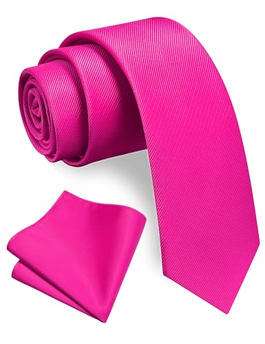 GUSLESON 2.4" Slim Necktie and Handkerchief Set For Men Solid Skinny Tie Set - color: Hot Pink