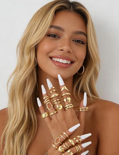 17 MILE Chunky Gold Stackable Rings for Women Non Tarnish, 18K Gold-Plated Statement Open Stacking Rings, Knuckle Band Ring Set - color: 13 Pcs Gold