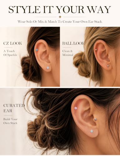 Titanium Flat Back Earrings, 7 Post Length Options, 18G Cartilage Earrings for Sensitive Ears Women Men, Internally Threaded Stud Earrings with CZ & Ball Tops, Helix Tragus Conch Piercing Jewelry
