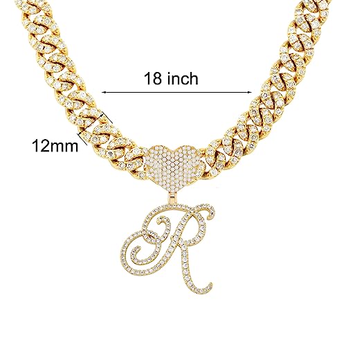 Initial Necklaces Silver Cuban Link Chain for Women Iced Out Chain with Heart Letter Pendants Custom Chain Name Necklace Hip Hop Jewelry Gift - color: R Gold