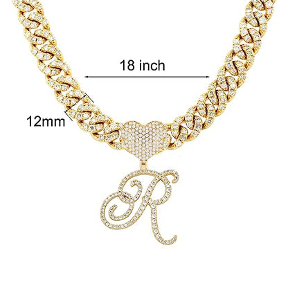 Initial Necklaces Silver Cuban Link Chain for Women Iced Out Chain with Heart Letter Pendants Custom Chain Name Necklace Hip Hop Jewelry Gift - color: R Gold