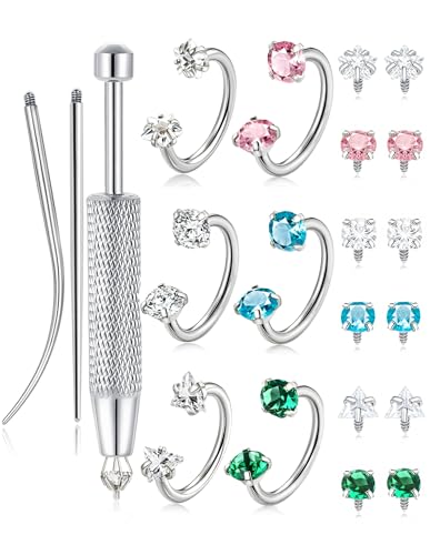 Horseshoe Nose Ring for Women Surgical Steel 18G Double Gem Nose Ring Hoop Cartilage Helix Daith Tragus Half Hoop Earrings Septum Labret Lip Eyebrow Piercing Jewelry Silver Plated - color: A: Silver 6Pcs(blue)