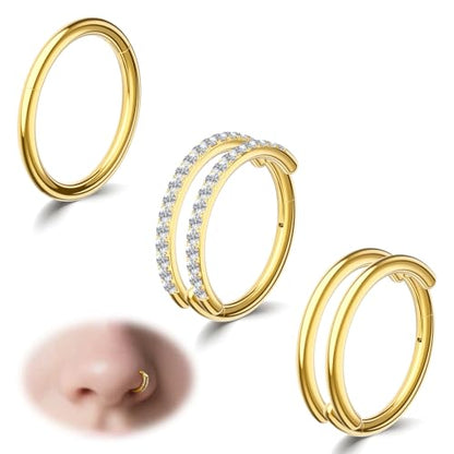 davka Nose Ring Set, 18G Hinged Hoop 8mm & 20G Nose Studs, Stainless Steel & Gold Plated, Hypoallergenic, Multiple Styles Nose Piercing Jewelry - color: Gold/3Pcs Hoops/18gauge 8mm/Set A