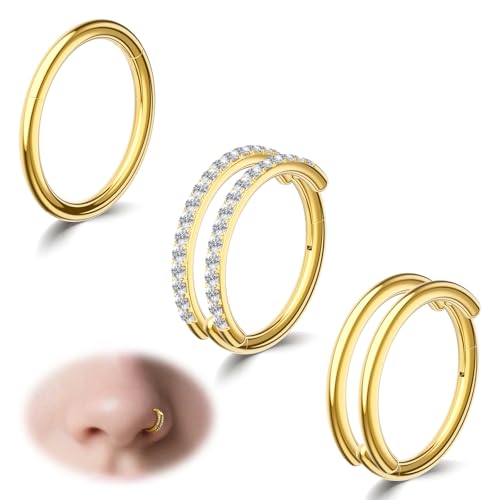 davka Nose Ring Set, 18G Hinged Hoop 8mm & 20G Nose Studs, Stainless Steel & Gold Plated, Hypoallergenic, Multiple Styles Nose Piercing Jewelry - color: Gold/3Pcs Hoops/18gauge 8mm/Set A