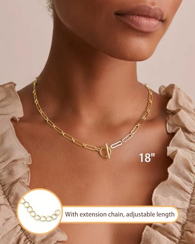 Link Gold Chain 14K Gold Plated Trendy Rope Paperclip Thick Chain Necklace Minimalist Layered Gold Chain Choker Necklaces for Women - style: Toggle Clasp Paperclip Chain