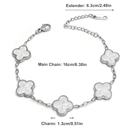 Four Leaf Clover Bracelet 18K Gold Plated Bracelets for Women Lucky Flower Design Stainless Steel Hypoallergenic Link Chain Adjustable Dainty Trendy Jewelry Gifts for Women - color: Silver Black+White