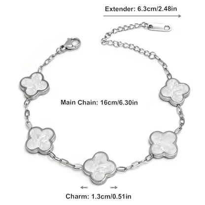 Four Leaf Clover Bracelet 18K Gold Plated Bracelets for Women Lucky Flower Design Stainless Steel Hypoallergenic Link Chain Adjustable Dainty Trendy Jewelry Gifts for Women - color: Silver Black+White