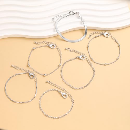 Wgoud Waterproof Gold Bracelets for Women Trendy, Dainty 14K Real Gold Plated Fashion Stackable Bracelet Sets for Women Thin Cuban Link Paperclip Chain Bracelets Layered Gold Jewelry Sets Gifts for Womens - color: 6Pcs Silver Bracelet A