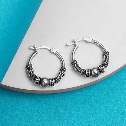 LeCalla 925 Sterling Silver Oxidized Balinese Hoops Earring Jewelry Small Antique Bali Beaded Hoop Earrings for Women - color: Bali Spiral Bead