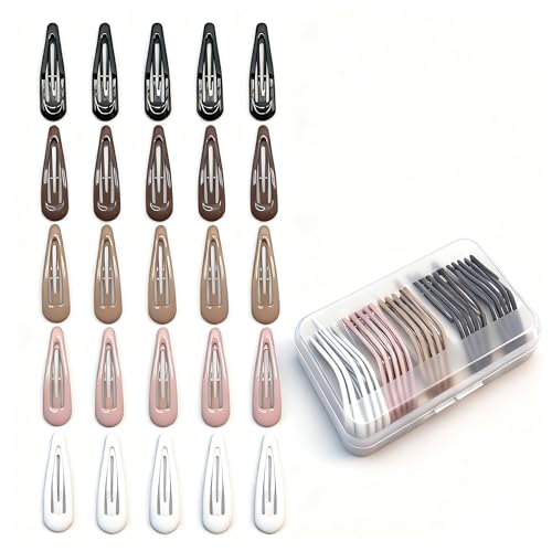 25-Pack Water Drop Snap Hair Clips, Non-Slip Glossy Coated Metal Hair Barrettes for Women & Girls, 5 Colors with Storage Box, Hair Accessories