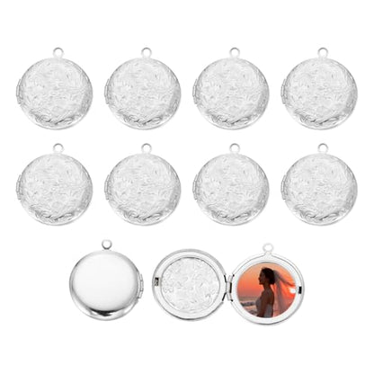 MECCANIXITY Custom Photo Locket Charm, Copper Retro Picture Locket Pendants for DIY Memorial KeyChains Necklace Bracelet Jewelry Making - color: Silver, style: Round Engraved Flower