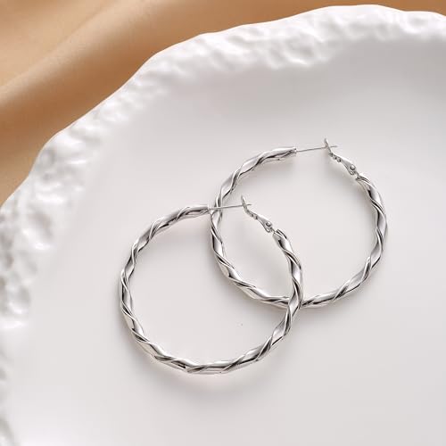14k Gold Plated Hoop Earrings for Women, 925 Sterling Silver Posts Thick Twist Hypoallergenic Chunky Large Earrings 20mm 30mm 40mm 50mm - color: silver, size: 50mm