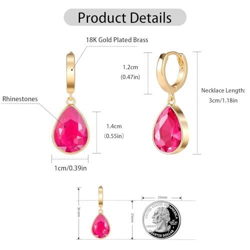 Crystals Teardrop Dangle Drop Earrings, 18K Gold Plated Hoop Earrings Zirconia Jewelry for Women Gifts - color: Rose Red
