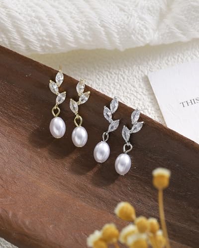 Pearl Earrings for Women, 14k Gold Plated Trendy Diamond Pearl Drop Earrings Bridal Shower Gifts Wedding jewelry for Women - color: Style C Gold