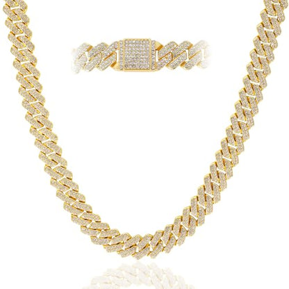 Mens Cuban Link Chain Iced Out Miami Cuban Necklace/Bracelet |14mm Silver & Gold Plated Chains | Bling Diamond Hip Hop Jewelry For Men Women - color: Yellow Gold, size: 24 inches