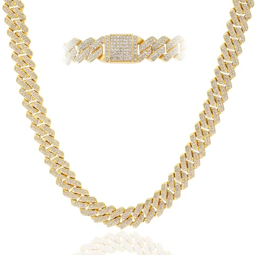 Mens Cuban Link Chain Iced Out Miami Cuban Necklace/Bracelet |14mm Silver & Gold Plated Chains | Bling Diamond Hip Hop Jewelry For Men Women - color: Yellow Gold, size: 20 inches