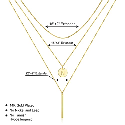 Initial Layered Necklaces for Women, 14K-Gold-Plated Coin Letter Necklace Bar Stacking Layer Necklace Multi Bar Layering Y-Necklaces Jewelry for Women - color: 14K-Gold-Plated, style: N