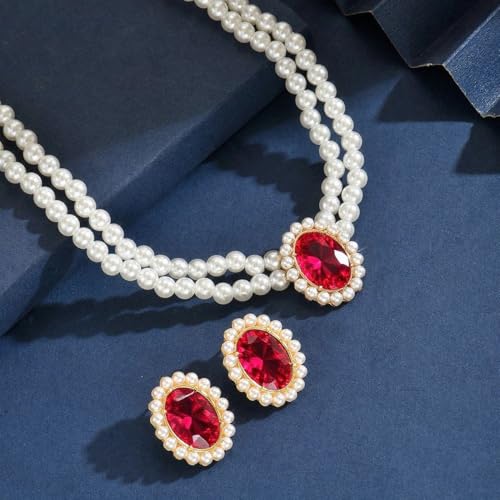 CSIYANJRY99 Pearl Necklace and Earring Set Faux Pearl Jewelry Sets for Women Imitation Beaded Pearl Necklace Bracelet Stud Earrings for Women - color: Red Zircon Pearl Set