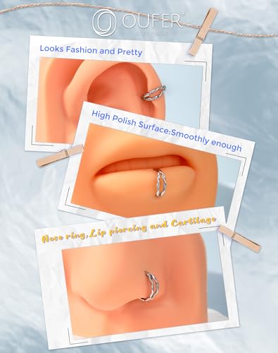 OUFER Nose Rings Silver, 20G Double Hoop 8MM Nose Rings, Seamless Stainless Steel Rook Daith Piercing Jewelry for Women & Men - style: Style8-Double Water