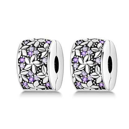Parmuz Clip Spacer Charm for Bracelet 925 Sterling Silver Stopper Beads | Pave Lock Stopper Charm for Necklace Pink Daisy Butterfly Cubic Zirconia Openable Beads Jewelry Gift for Woman - color: 2pcs Purple flower clip charm