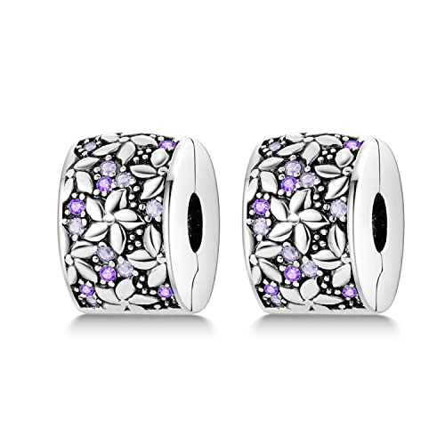 Parmuz Clip Spacer Charm for Bracelet 925 Sterling Silver Stopper Beads | Pave Lock Stopper Charm for Necklace Pink Daisy Butterfly Cubic Zirconia Openable Beads Jewelry Gift for Woman - color: 2pcs Purple flower clip charm