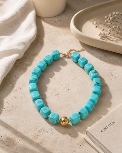 Mchic Colorful Beaded Choker Necklace for Women: Boho Large Square Acrylic Beaded Necklace Stainless Steel Adjustable Surfer Beach Strand Necklaces Summer Handmade Jewelry Gift for Women - color: Teal