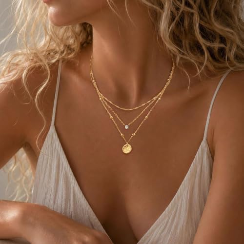 Ewrkbr Layered Necklaces for Women, Dainty Gold Necklace Stack 14k Gold Plated Layering Beaded Chain Choker Necklaces for Women Trendy Simple Disc Star Pendant Necklace Set Fashion Waterproof Jewelry - color: Gold-Wave
