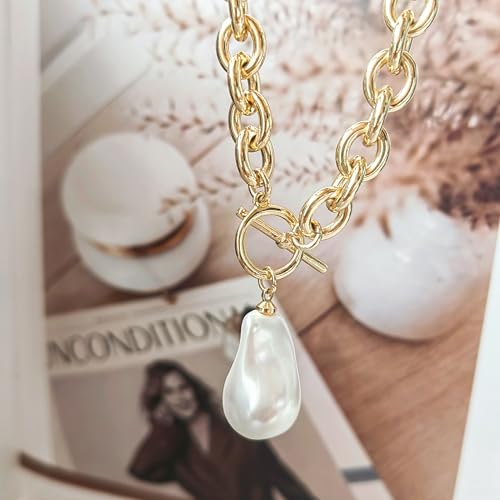 IMBOS 14K Gold Plated Chunky Chain Choker Necklaces for Women Chunky Gold Necklace Tennis Necklace for Women CZ Love Chain Cuban Link Choker Jewelry Gifts - color: Gold-Baroque Pearl Necklace