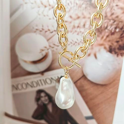 IMBOS 14K Gold Plated Chunky Chain Choker Necklaces for Women Chunky Gold Necklace Tennis Necklace for Women CZ Love Chain Cuban Link Choker Jewelry Gifts - color: Gold-Baroque Pearl Necklace