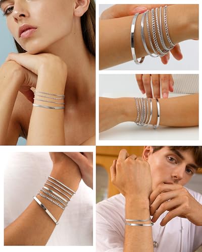 VNOX 5/7 Pcs Chain Bracelet for Men Women - Sturdy Stainless Steel Curb Width Cuban Link Chain Bracelet Set for Men Women,6.5/7/7.4/8.2/9 Inches - style: Steel Link 3