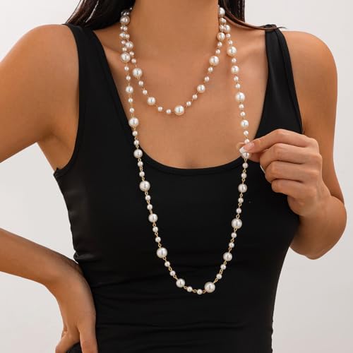 Long Pearl Necklaces for Women Pearl Long Chain Necklace Gold Chain Dainty Delicate Station Necklace Jewelry for Dress Party - color: White