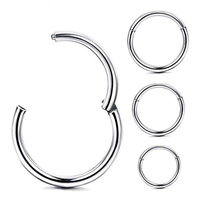 4Pcs 16G 18G 20G Surgical-Steel-Piercing-Ring-Nose-Rings-Hinged-Hoop-Earrings,6mm 8mm 10mm 12mm Seamless Stainless Steel Clicker Eyebrow Septum Piercing Hoop,Sliver Black Gold Rose Gold Rainbow Body Jewelry Set - color: 16G Silver