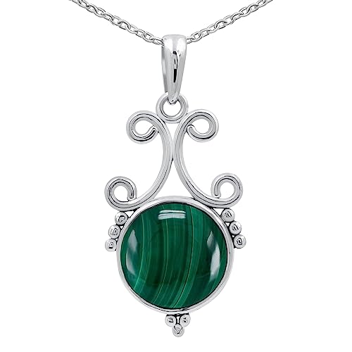 Natural Round Gemstone Pendant Necklace for Women, 925 Sterling Silver | Solitaire Birthstone Jewelry With 18 Inch Chain, Handmade Semi Precious Stone Pendant, Jewelry Gift for Mom, Wife & Sister - color: Malachite