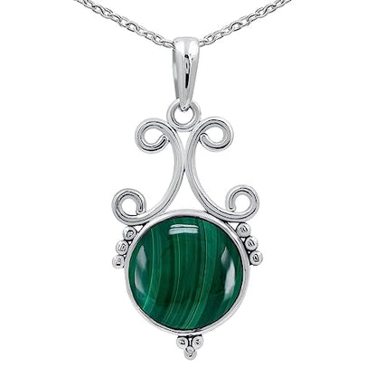 Natural Round Gemstone Pendant Necklace for Women, 925 Sterling Silver | Solitaire Birthstone Jewelry With 18 Inch Chain, Handmade Semi Precious Stone Pendant, Jewelry Gift for Mom, Wife & Sister - color: Malachite