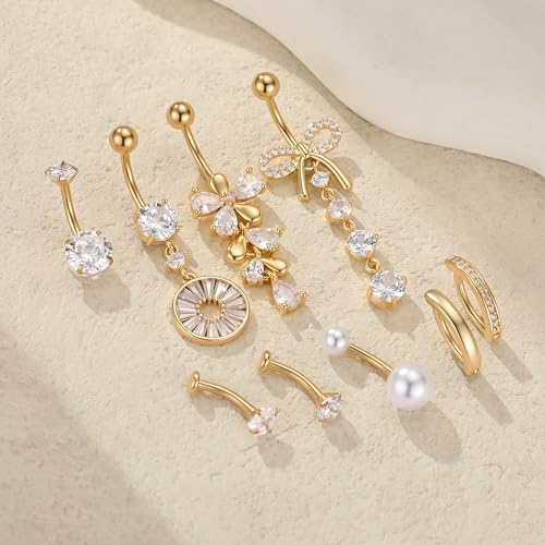 G&O JFU 9 Pcs Belly Button Ring Dangle Hypoallergenic Surgical Stainless Steel Heart Flower Pearl Bow Dangly Belly Rings for Women 14G Clicker Floating Navel Piercing Jewelry - color: Gold Clear